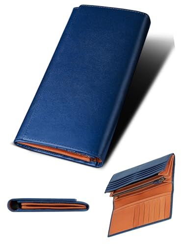 【新品】[ファブリツィオ] 財布 メンズ レディース 長財布 2つ折り マチ付き 小銭入れ 薄い 大容量 カード21枚 使いやすい イタリアン レザー 一流の革職人が作る 本革 YKKファスナー (ブルー) 92c97b0f