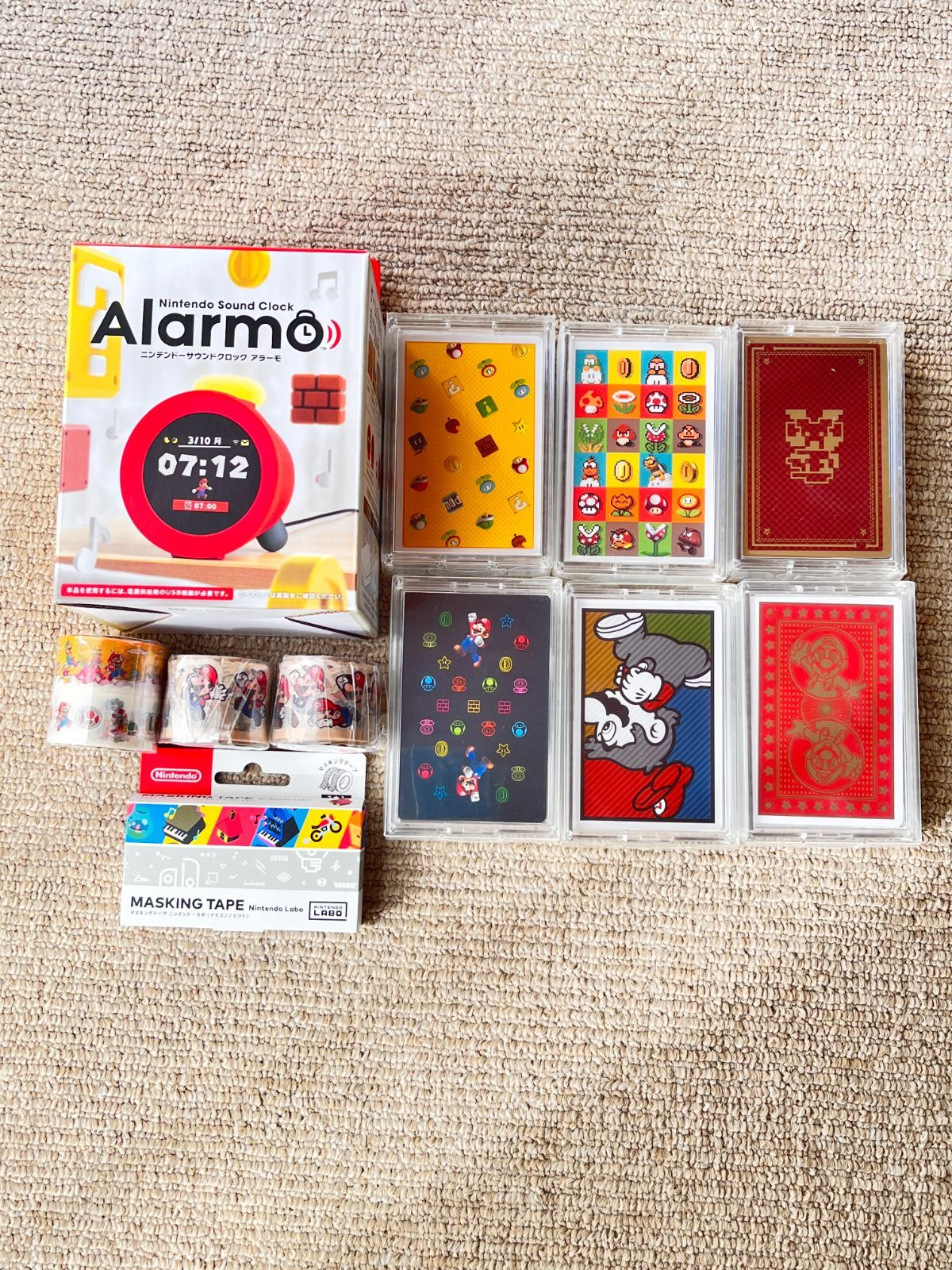 ニンテンドー　Nintendo Alarmo ・スーパーマリオトランプ6種　・Nintendo Labo マスキングテープ４種　目覚まし時計　トランプ　マスキングテープ　任天堂　スーパーマリオ　文房具　キャラクターグッズ