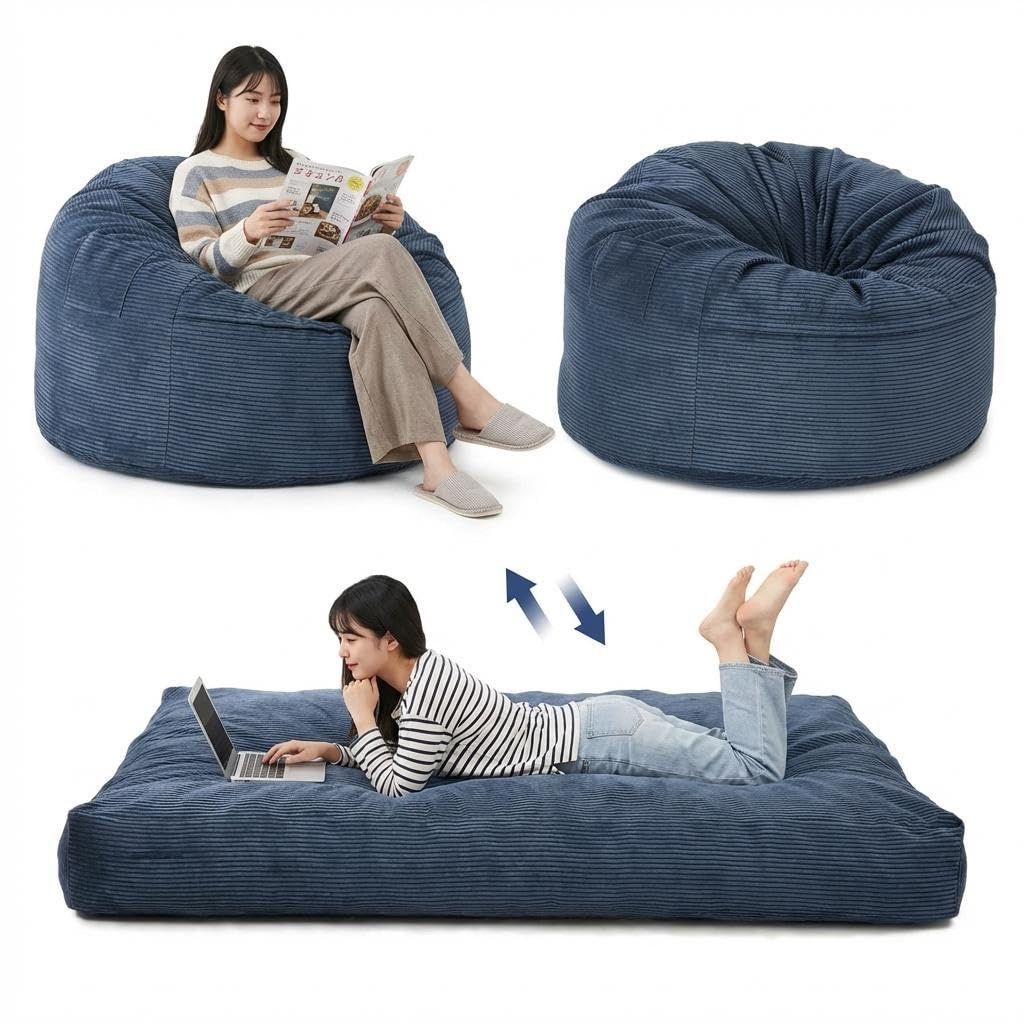 新商品 スポンジ填充 チェアからベッドへ変換可能 リラックスチェア コーデュロイカバー付き カバー取り外し可能 洗濯機可 お昼寝 ソファベッド型ビーズクッション テレワーク ビーズクッション ビーズソファ リビング 2WAY