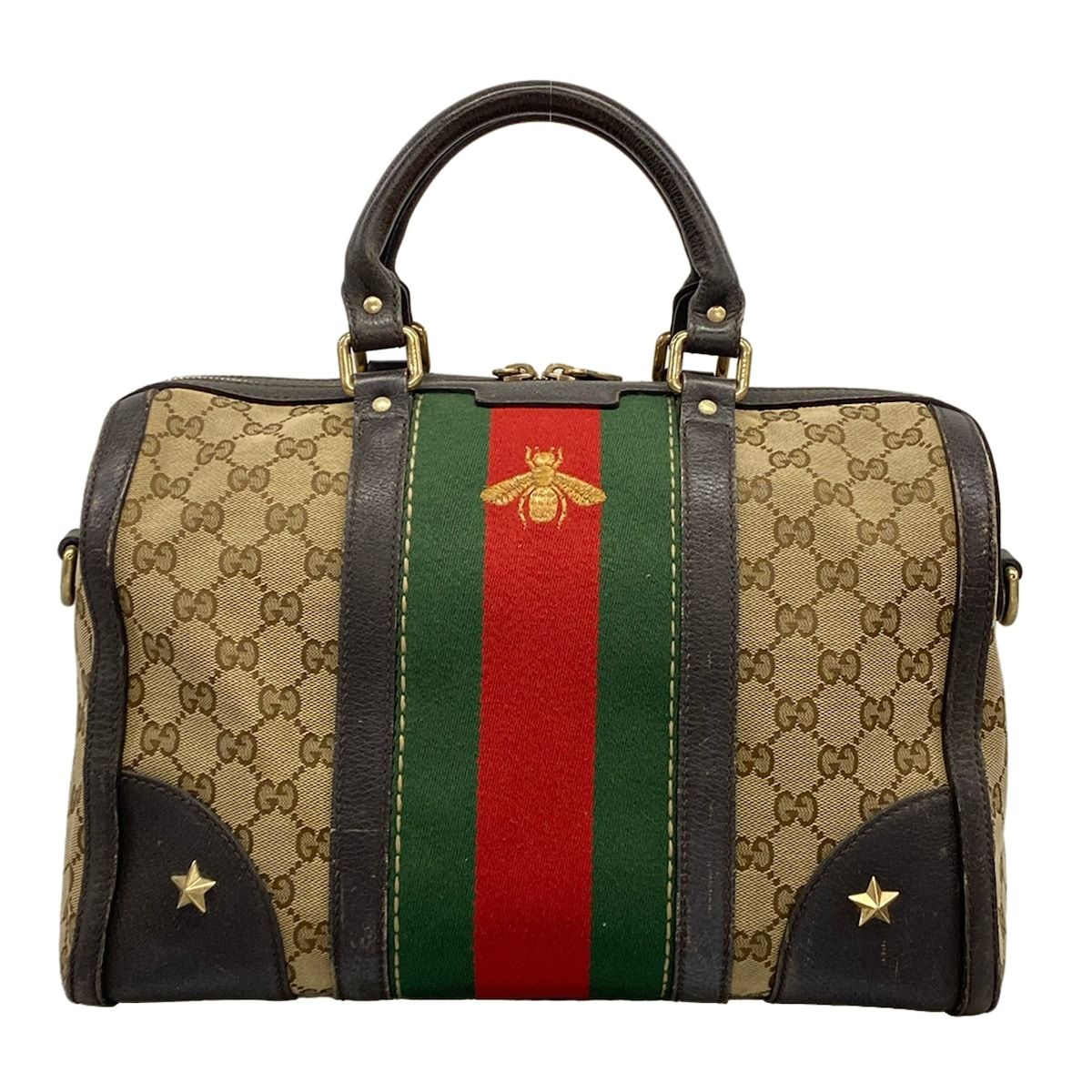 GUCCI(グッチ) ハンドバッグ GG柄/シェリー 406868 ダークブラウン×ベージュ×マルチ スタッズ/スター/刺繍/ハチモチーフ レザー