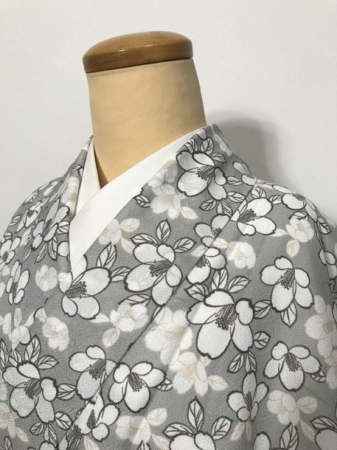 新品 BＬサイズ 小紋 化繊 グレー地に枝花模様