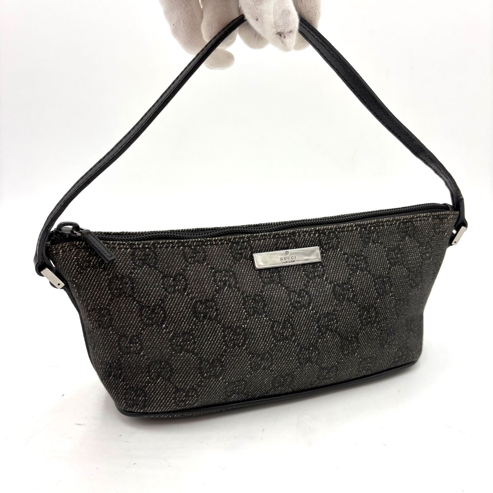 極美品◎GUCCI グッチ GGキャンバス SV金具 アクセサリーポーチ ハンドバッグ 07198 ブラック