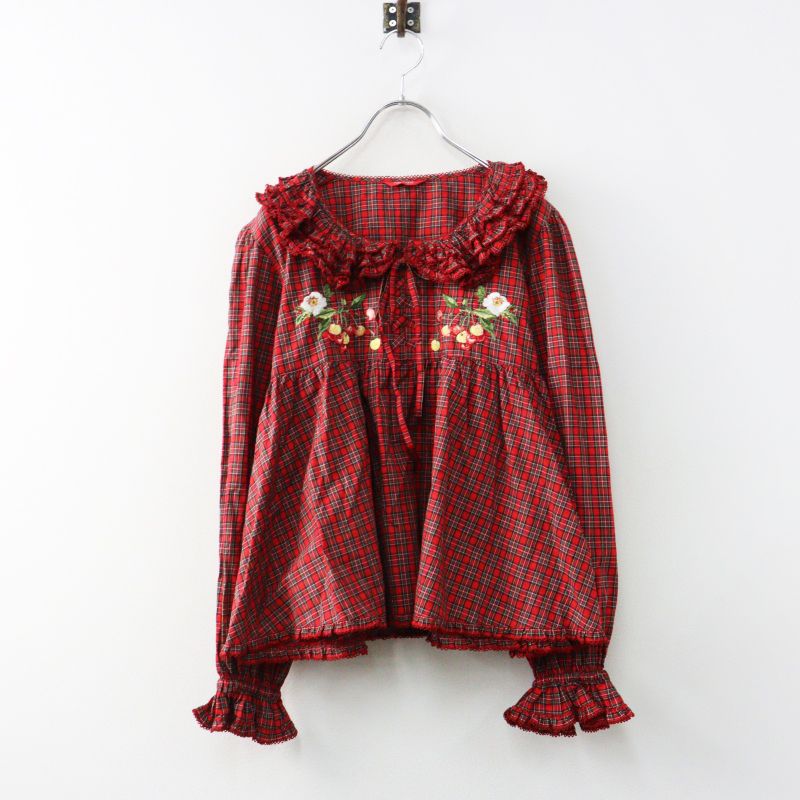 ピンクハウス　野ばらとチェリー刺繍タータンブラウス　タータンチェック 定価30800円 2024AW ピンクハウス PINK HOUSE 野ばらとチェリー刺繍