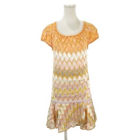 ミッソーニ MISSONI ワンピース ニット オレンジ 波柄 総柄 半袖 ラウンドネック 162000 /AH39 ■GY57