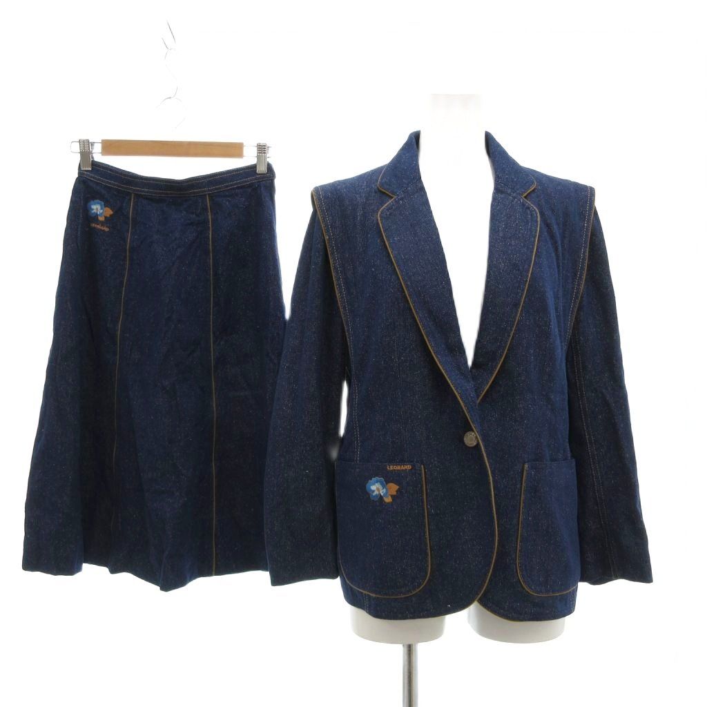 レオナール LEONARD FASHION セットアップ テーラードジャケット スカート ひざ丈 絹 シルク 9AB2 63-90 青 ブルー 長袖 刺繍 /MG ■ECD004