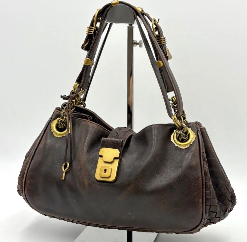BOTTEGA VENETA ボッテガヴェネタ ローマ ゴールド金具 イントレチャート レザー ショルダーバッグ ハンドバッグ アクセサリーポーチ ブラウン