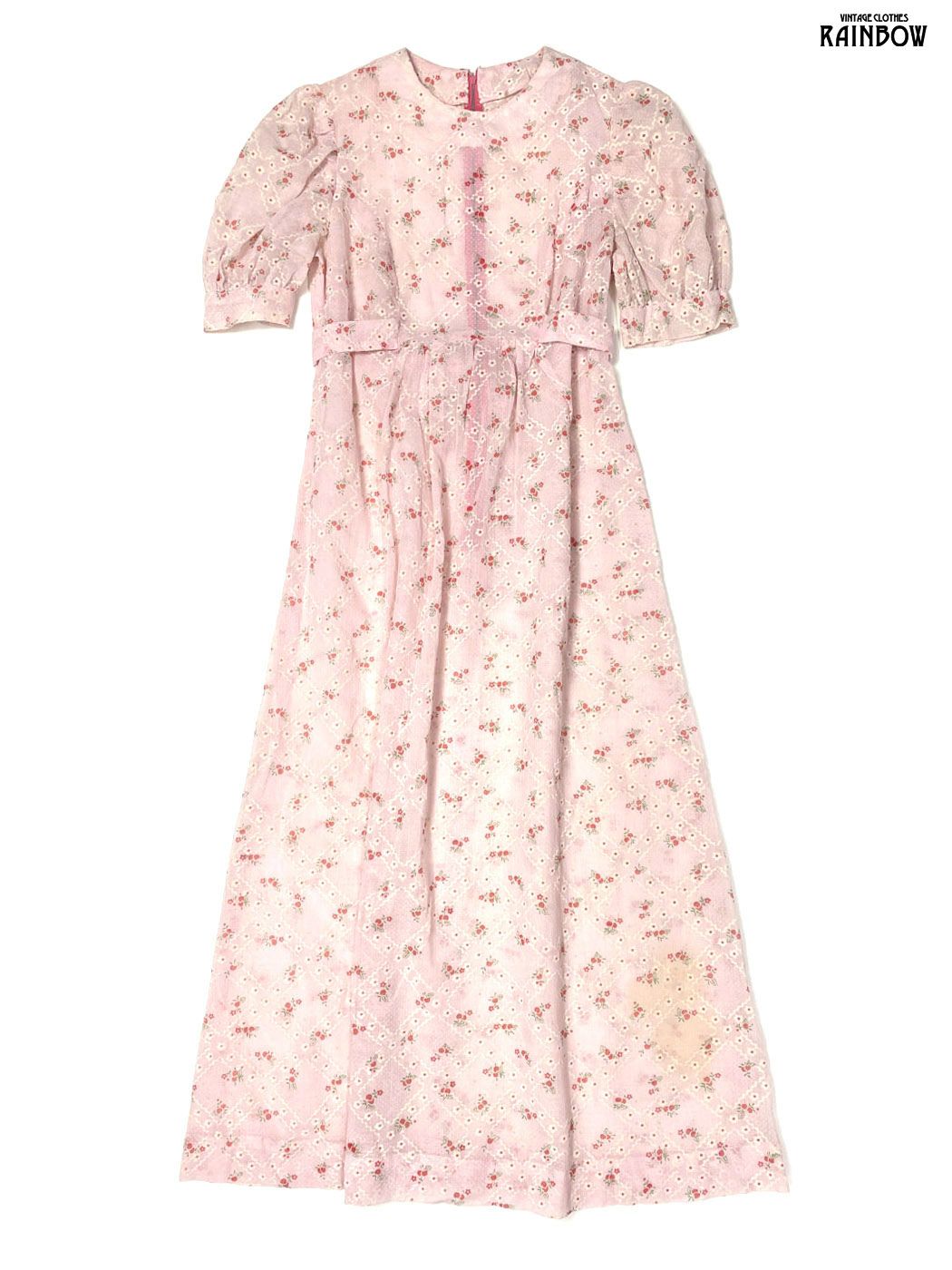 古着 リボン 花柄 コットン ロング丈 半袖 ワンピース ピンク (otu2604073)