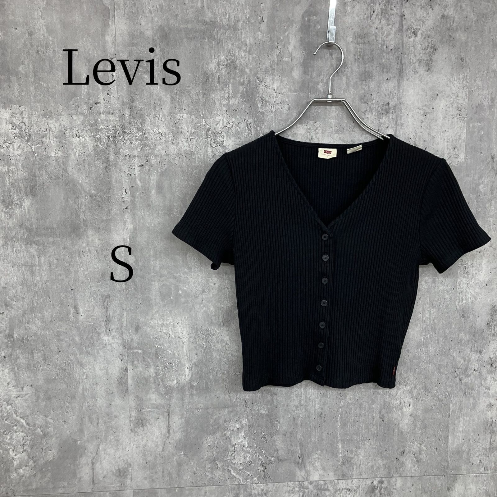 リーバイス Levi's レディース 半袖 リブカーディガン カットソー トップス ブラック 黒 Sサイズ Vネック フロントボタン シンプル カジュアル おしゃれ 通勤 通学 古着風 春 夏 秋 無地 ショート丈 コンパクト 着回し 大人可愛い
