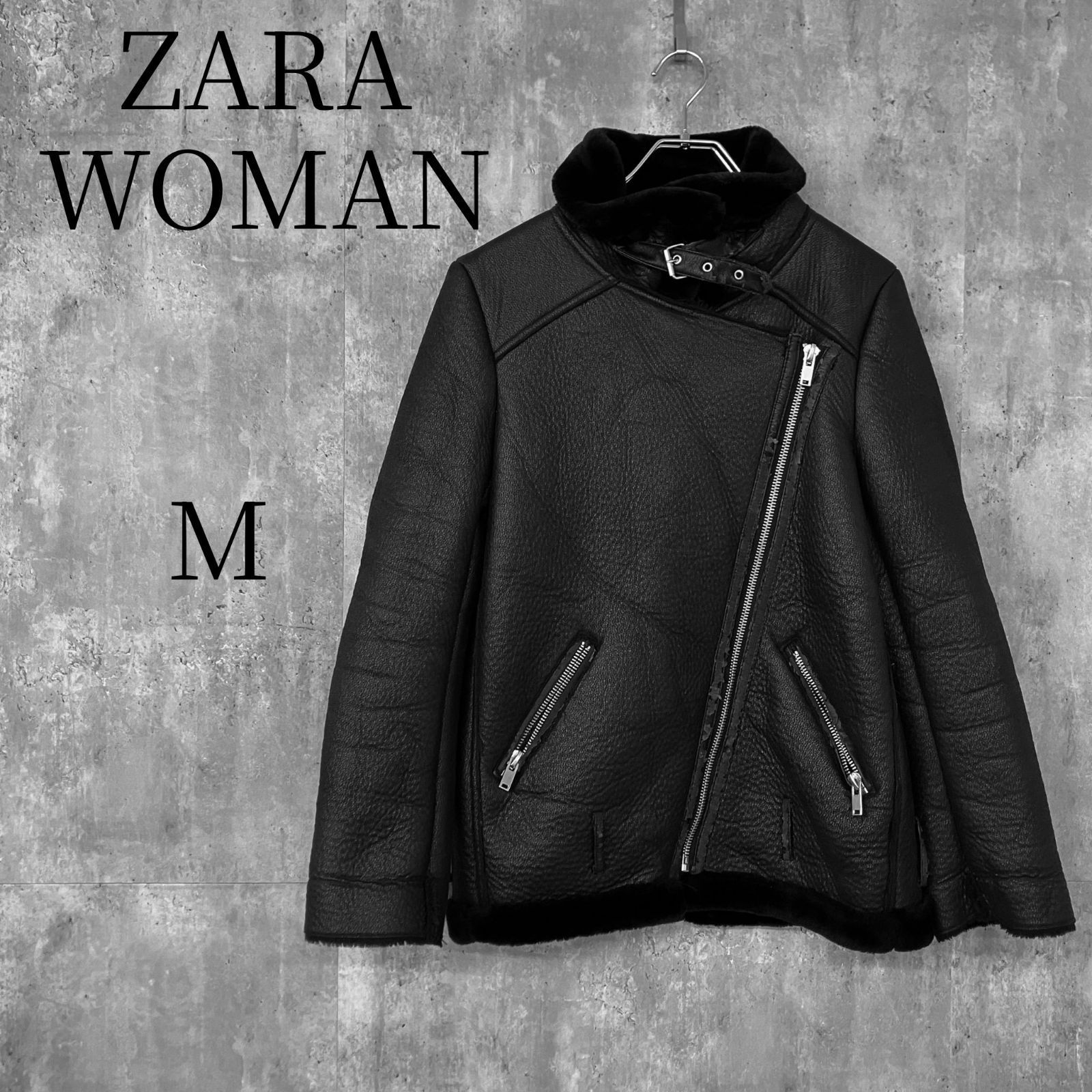 ZARA WOMAN ザラ フェイクムートン ライダースジャケット 黒 ブラック