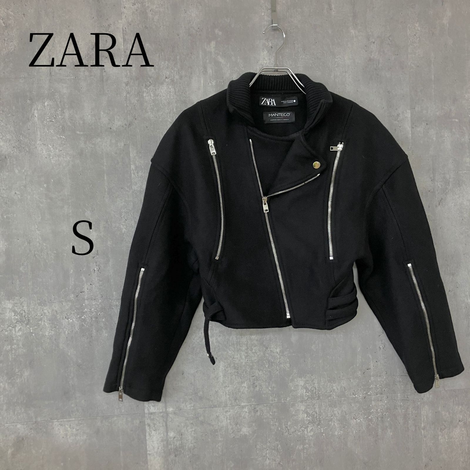 ZARA MANTECO ザラ マンテコ コラボ ライダースジャケット S ブラック ウール混 美品 レディース アウター ショート丈 バイカー ライダース ブルゾン モード カジュアル 黒 高級生地 冬服 暖かい 防寒 通勤通学 人気 おしゃれ