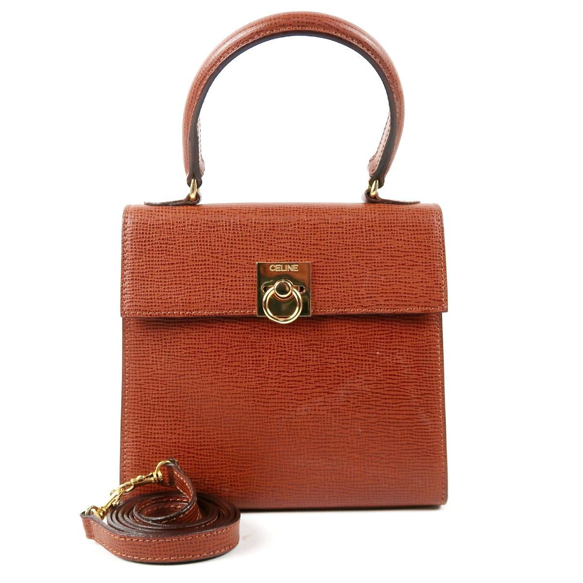 【美品】CELINE セリーヌ 2WAYショルダー ハンドバッグ ブラウン×ゴールド金具 小物入れ ブランド鞄【UO18】