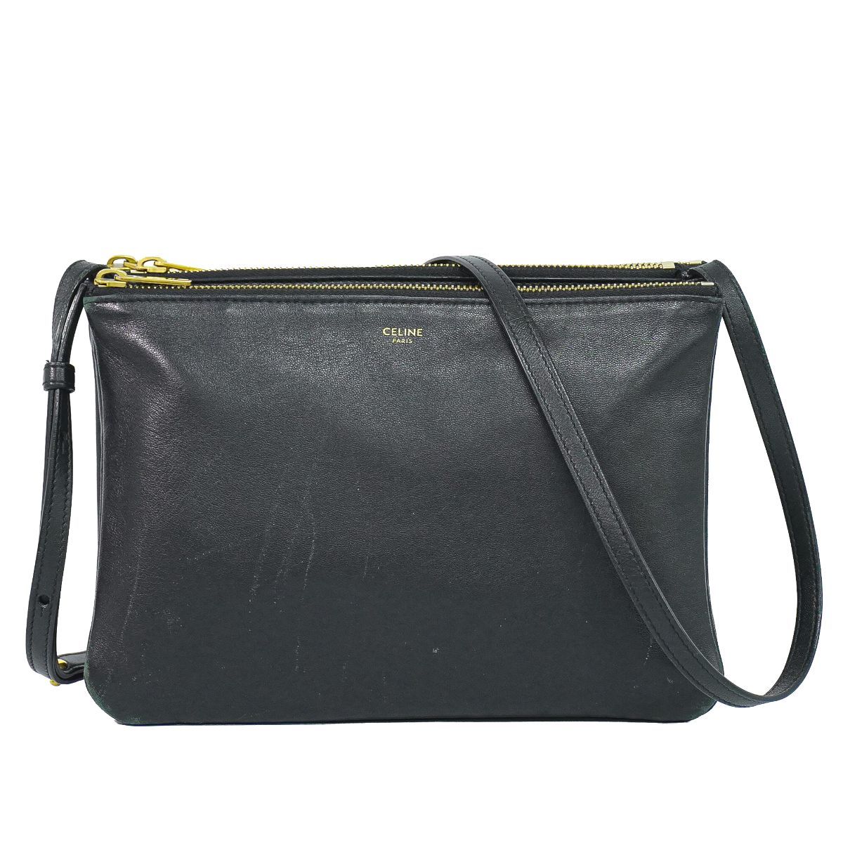 本物 セリーヌ CELINE トリオ ラージ ショルダーバッグ ポシェット レザー ブラック Trio バッグ 中古・