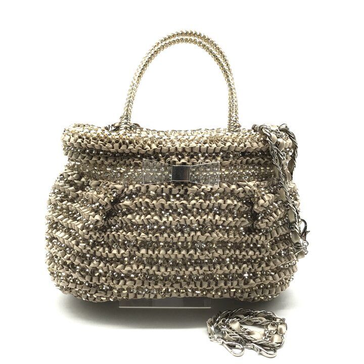 美品 ANTEPRIMA アンテプリマ ワイヤー 2WAY ハンド ショルダー バッグ 斜め掛け リボン ベージュ シルバー ブランド 鞄 かばん r1553