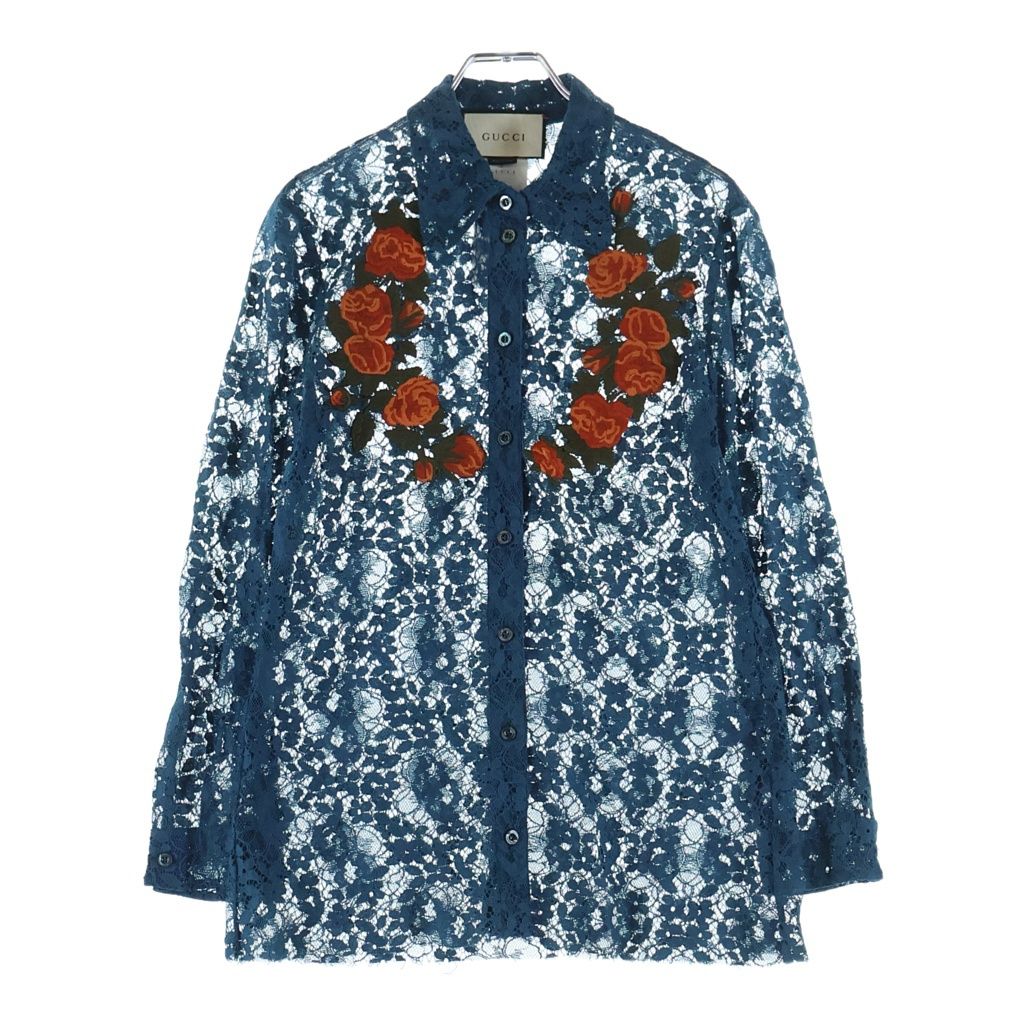 GUCCI (グッチ) 16SS Floral Shirt 花柄刺繍 レース長袖シャツ ネイビー 419616 ZGZ82 レディース