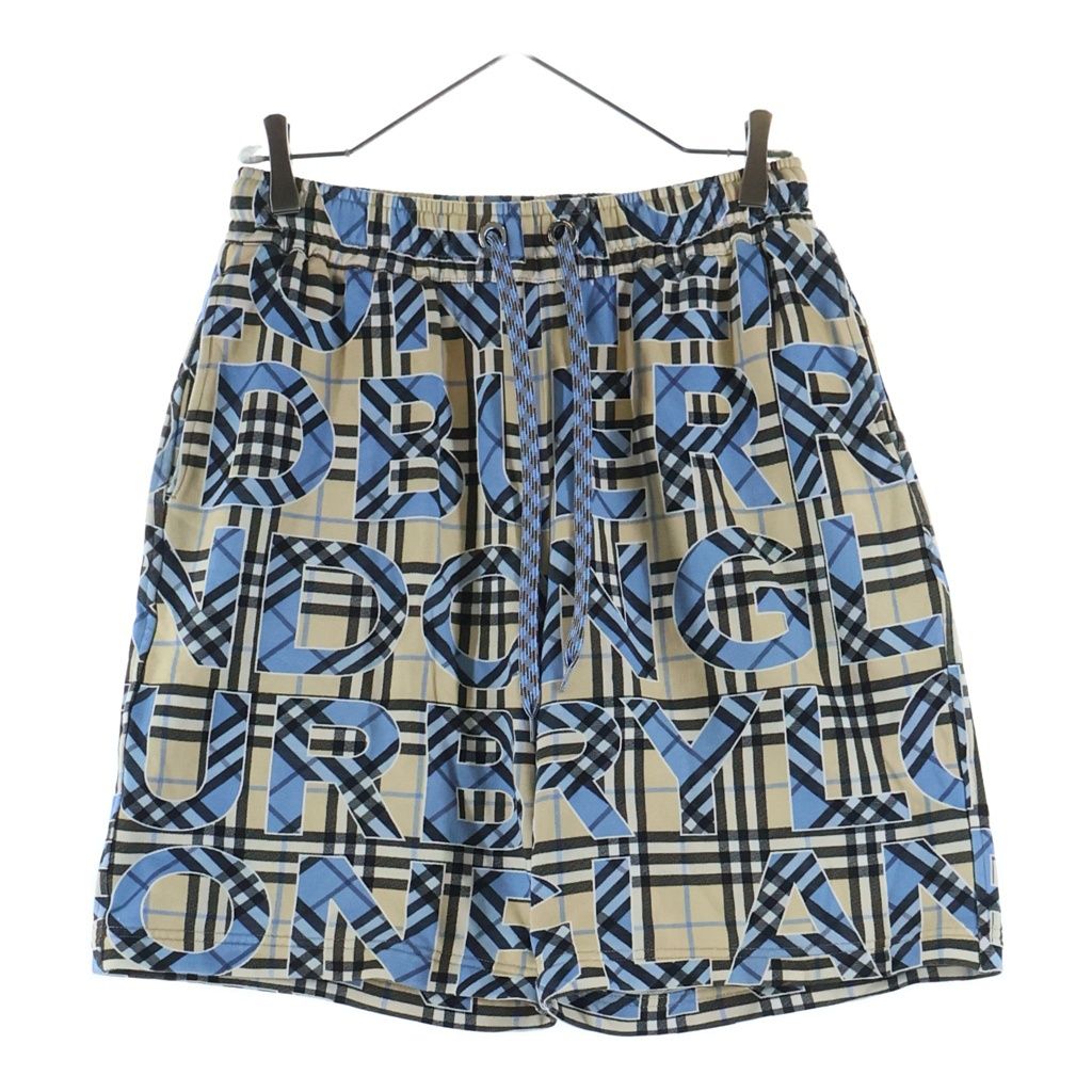 BURBERRY (バーバリー) チェックロゴ コットン スウェット ハーフパンツ ベージュ/ブルー 8039315/71C