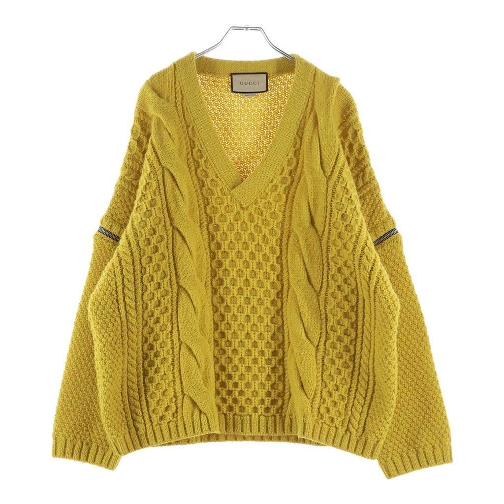 GUCCI (グッチ) デタッチャブルスリーブケーブル 長袖ニットVネックセーター イエロー 673684 XKB22