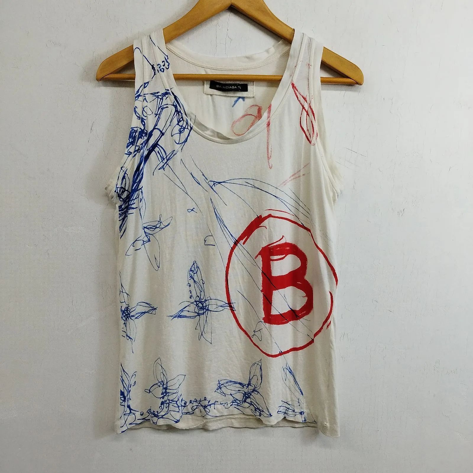 BALENCIAGA バレンシアガ タンクトップ ノースリーブ 手書き風 グラフィック ドローイング アート フロント プリント 古着 VINTAGE ホワイト XS 二コラ E851 BALENCIAGA バレンシアガ タンクトップ ノースリーブ 手書き風