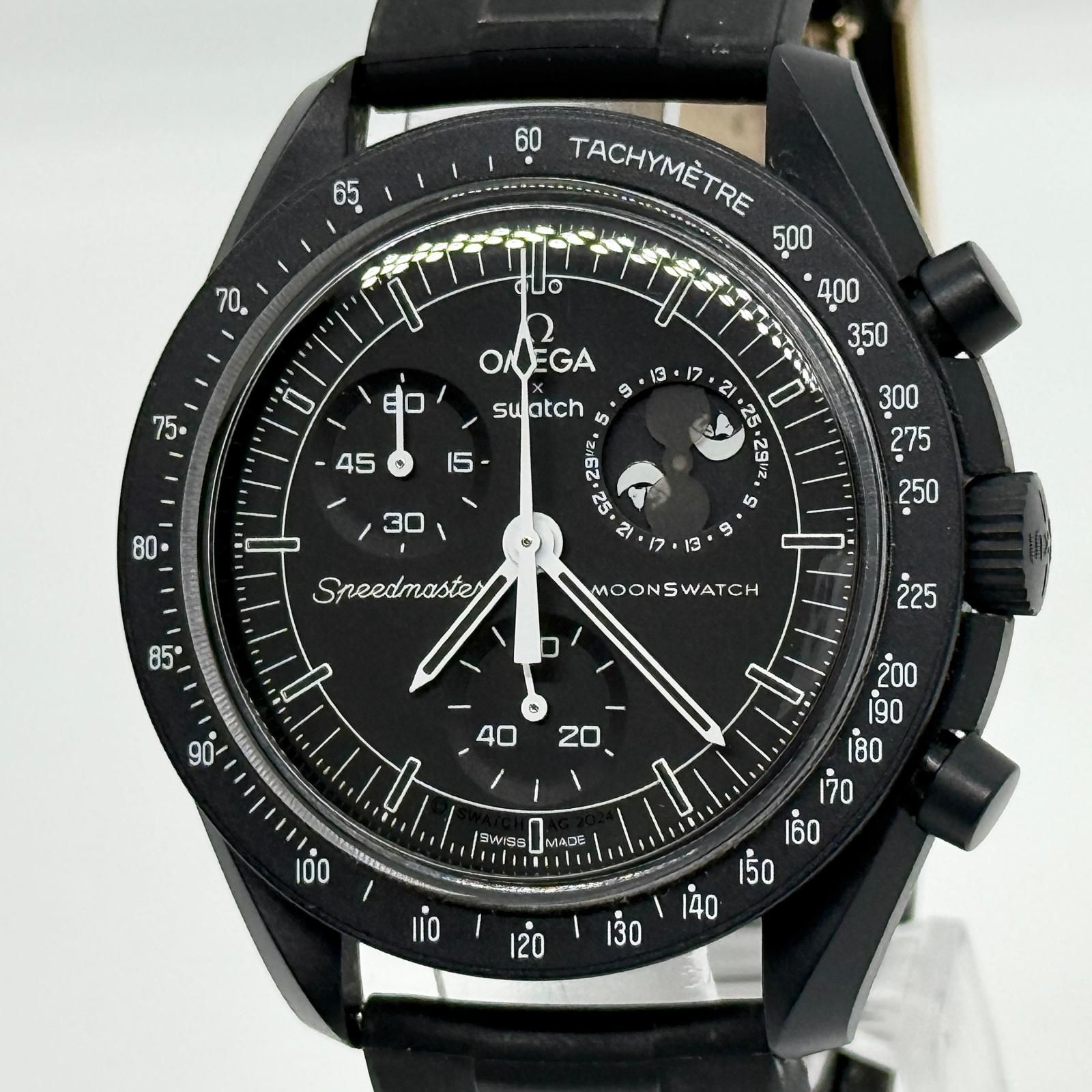 OMEGA オメガ ×スウォッチ スピードマスター ミッション トゥ ザ ムーンフェイズ ニュームーン スヌーピー SO33B700 ブラック QZ メンズ 腕時計 稼働品