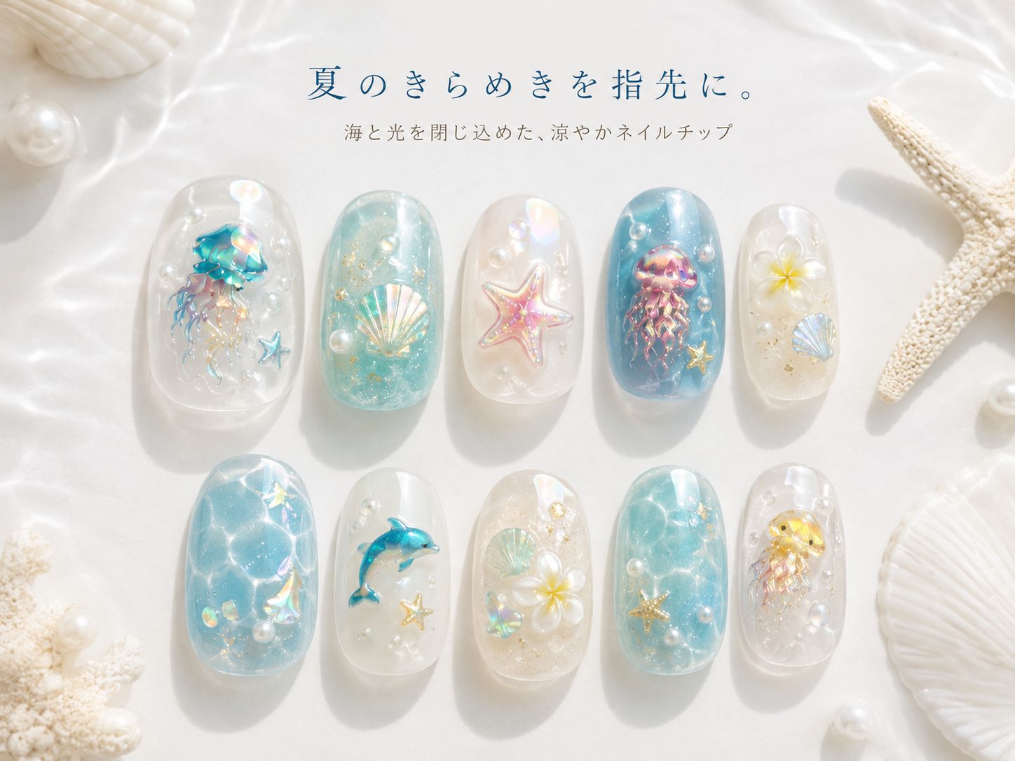 新作】ぷっくり海ネイルシール オーロラ マリン 夏ネイル クラゲ 