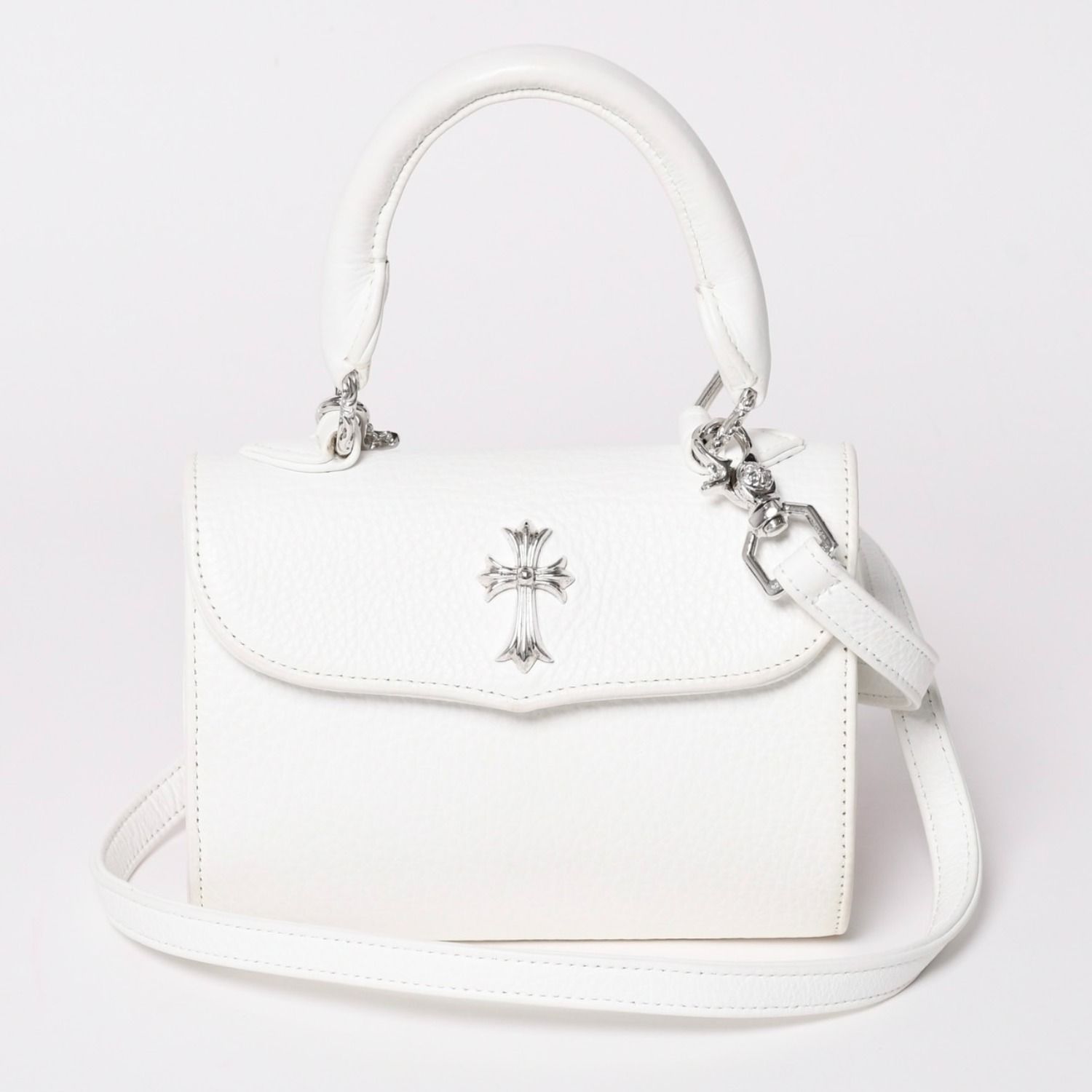 極美品 CHROME HEARTS クロムハーツ ドッグアダムス CHクロス 2WAYバッグ ダガージップ レザー シルバ−925 ホワイト 中古 4a003115