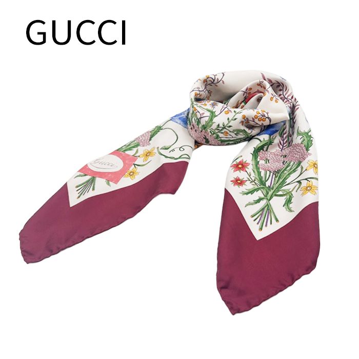 グッチ GUCCI シルクスカーフ フラワー 花柄 ボタニカル ワインレッド