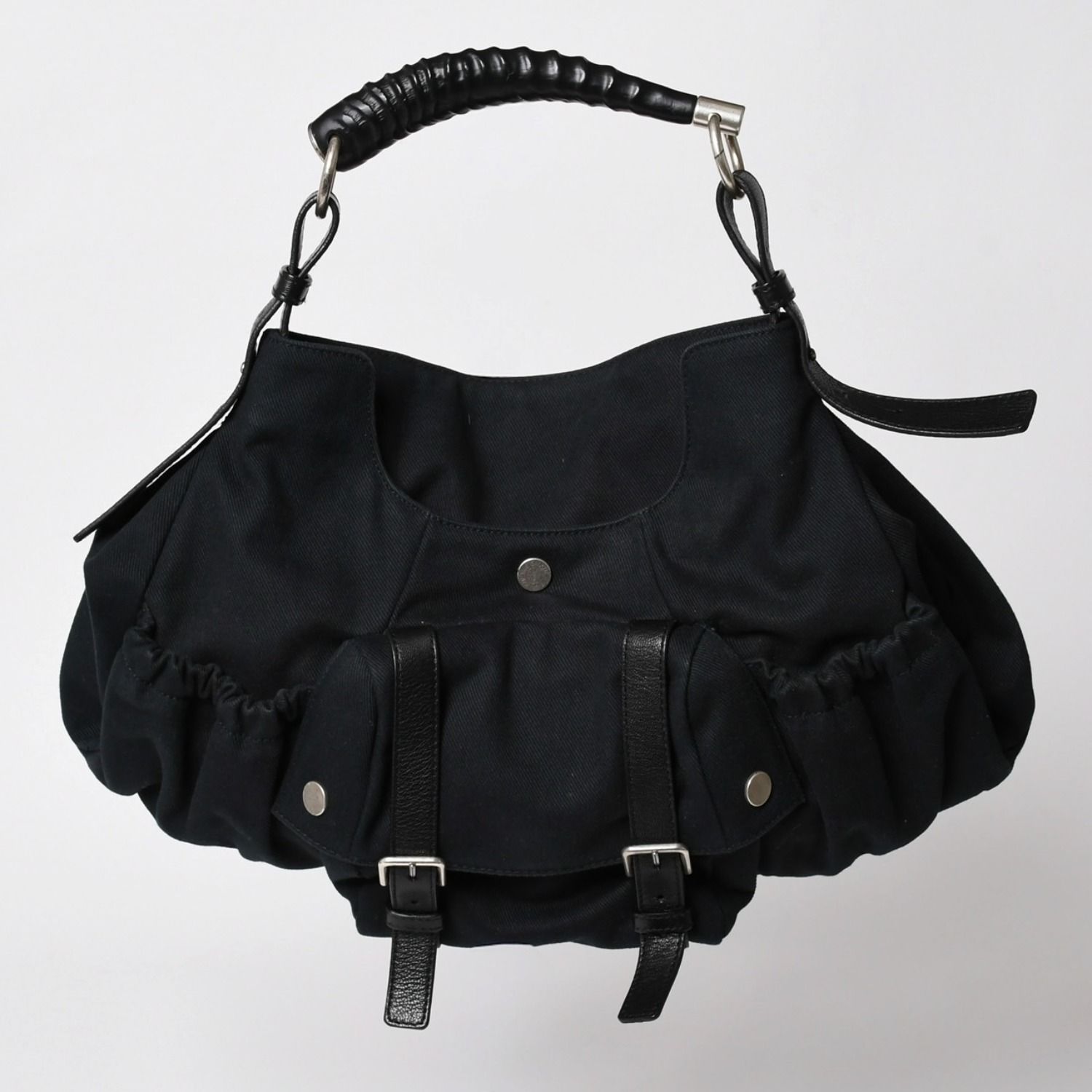 極美品 SAINT LAURENT サンローラン モンバサ ワンショルダーバッグ ブラック キャンバス トムフォード ホーンハンドル 122402 000926 シルバー金具 中古 4a002935