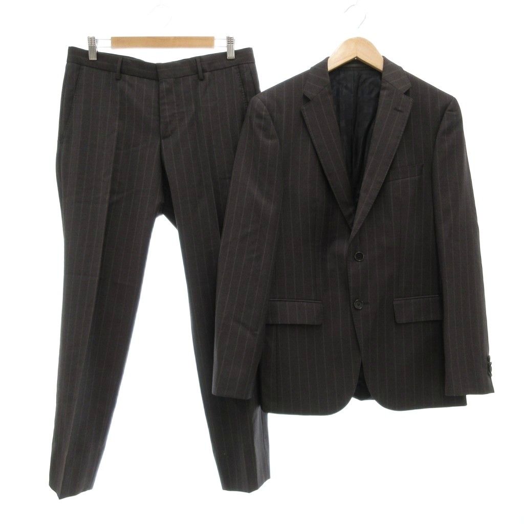ヒューゴボス HUGO BOSS 美品 セットアップ テーラードジャケット シングル パンツ スラックス スーツ ウール 46 黒 ブラック ストライプ柄 長袖 長ズボン /MG ■ECD004