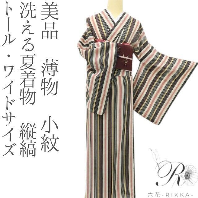 六花-RIKKA- 美品 洗える夏着物 縦縞❀しゃれ感高めなしましま❀トール・ワイドサイズ 薄物 小紋 着物 A5325