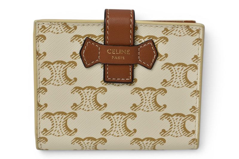 セリーヌ 財布/二つ折 CELINE ミニ財布 トリオンフ ストラップウォレット アイボリー/ブラウン【中古】