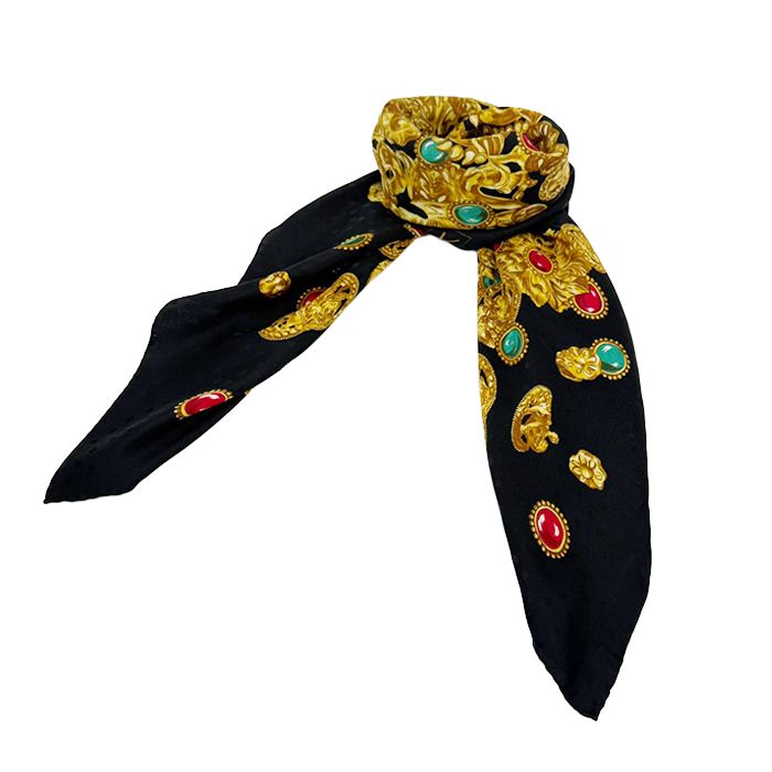 イヴサンローラン Yves Saint Laurent シルクスカーフ ジュエリー柄 ブラック ゴールド 大判