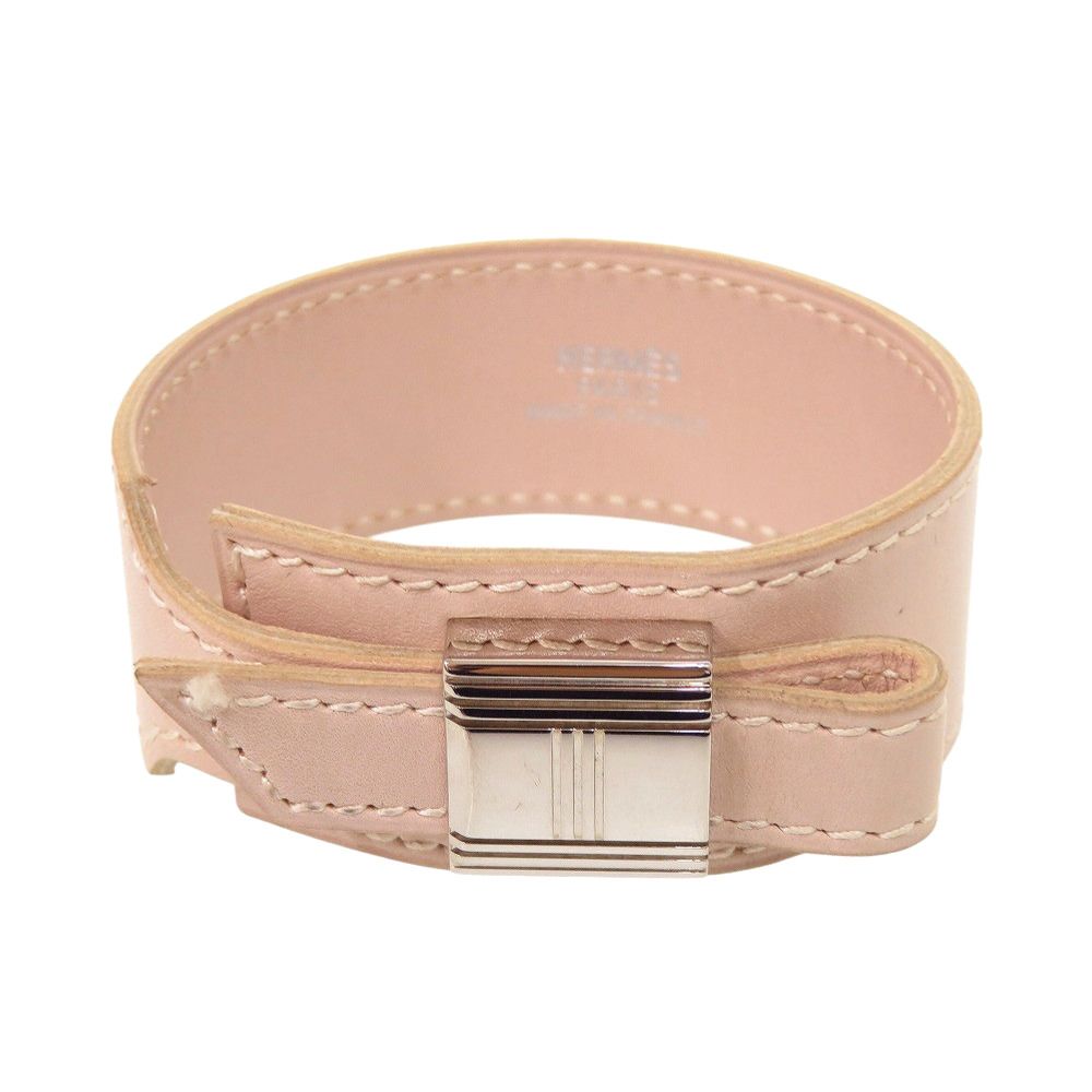 美品 エルメス アルミテミス レザー メタル ピンクベージュ シルバー金具 F刻印 ブレスレット 0528 HERMES