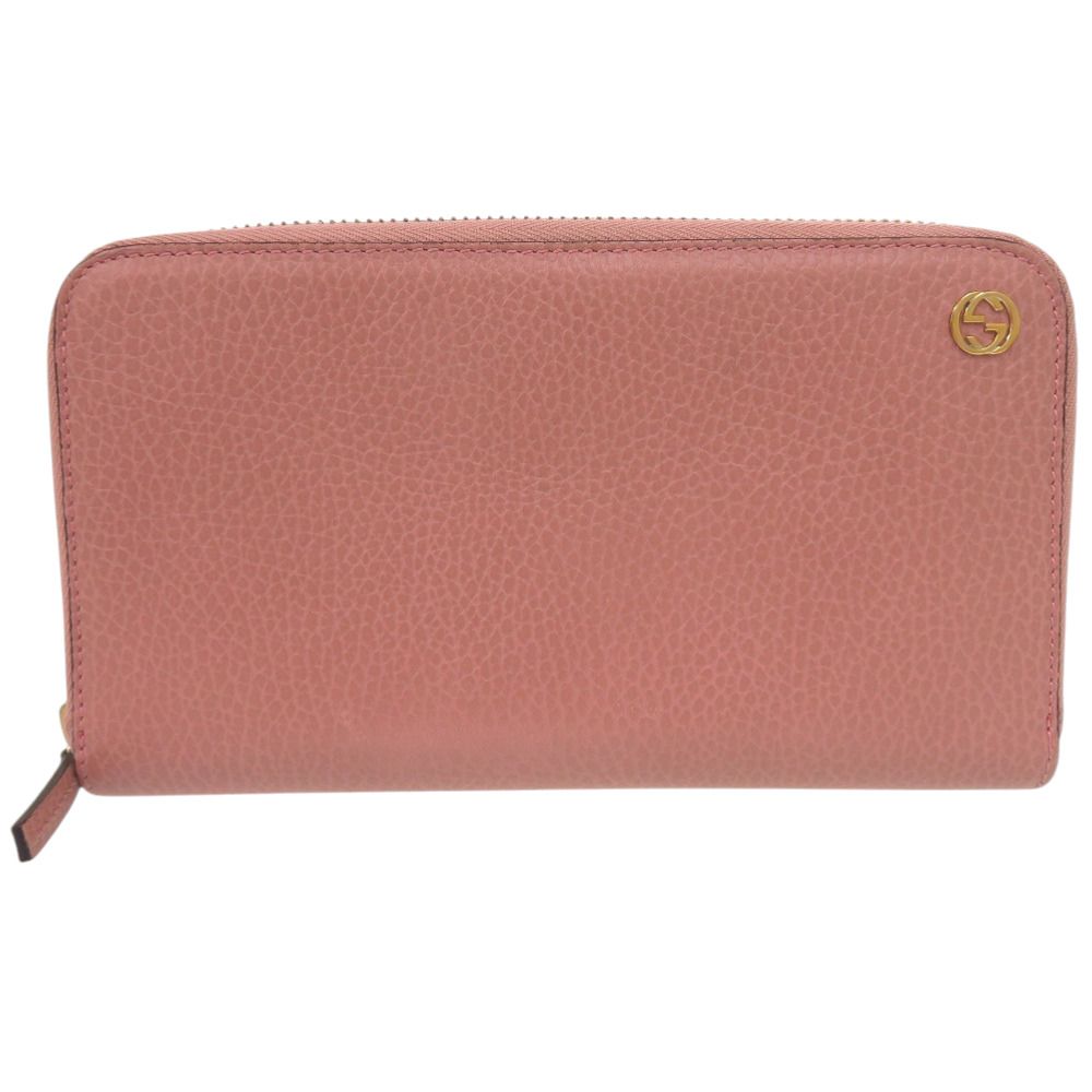 美品 グッチ ラウンドファスナー インターロッキング 449347 525040 長財布 カーフ ピンク 0948 GUCCI
