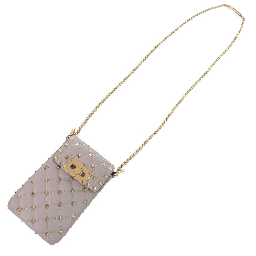 美品 ヴァレンティノ ガラヴァーニ ロックスタッズ レザー ショルダーバッグ フォンケース グレー 0383 Valentino Garavani