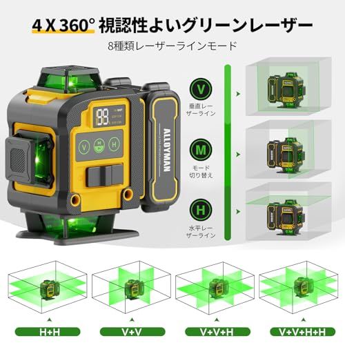 Alloyman レーザー墨出し器 4D フルライン グリーンレーザー 水平器【高精度・見やすいライン】4x360°16ライン エレベーター三脚付き リモートコントロール 3.6Ah大容量バッテリー2個セット 電量LCDディスプレー搭載 IP 8260447e