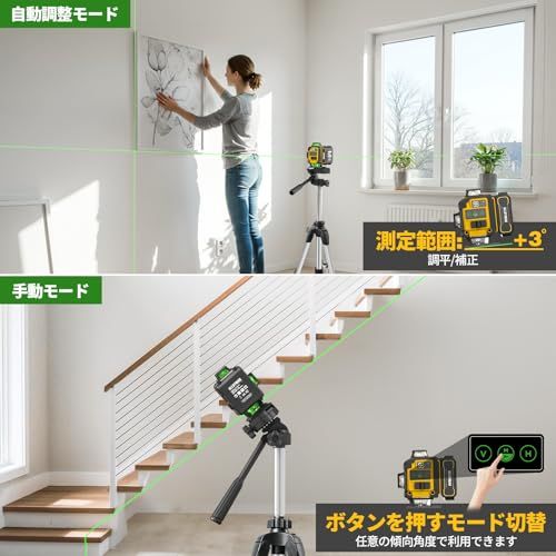 Alloyman レーザー墨出し器 4D フルライン グリーンレーザー 水平器【高精度・見やすいライン】4x360°16ライン エレベーター三脚付き リモートコントロール 3.6Ah大容量バッテリー2個セット 電量LCDディスプレー搭載 IP 8260447e