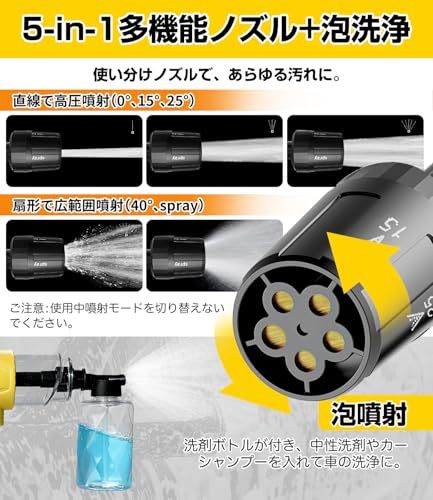 高圧洗浄機 コードレス 小型 軽量 9Mpa 強力噴射 5-in-1多機能ノズル 自吸式 水道接続不要 高性能バッテリー 充電式 ハンディ 洗車機 家庭用 洗車用品 庭/ベランダ/年末大掃除 超軽量 低騒音 女性や高齢者 初心者向け コンパク 3265fb27