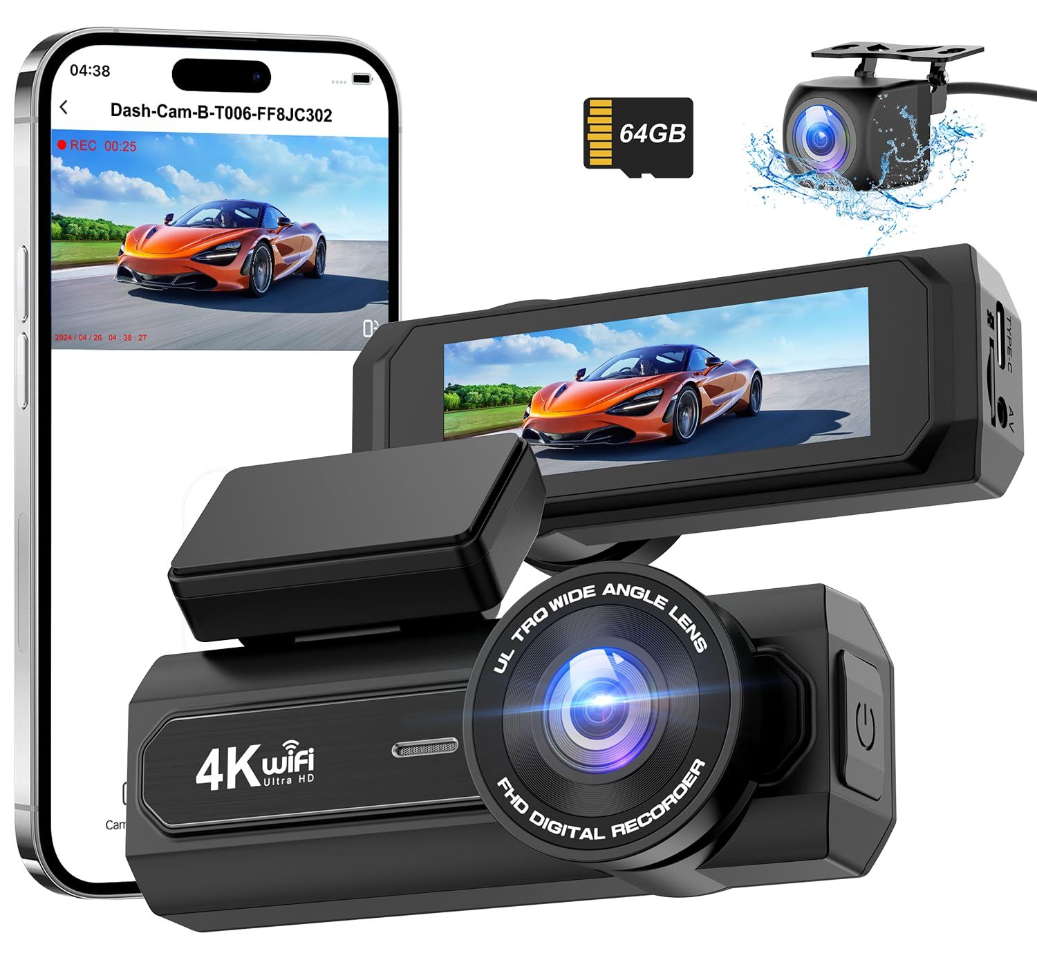 CHORTAU 新版ドライブレコーダー ドラレコ 前後カメラ 4K UHD 800万画素+1080PフルHD HDR/WDR補正 5GWIFI 170度広角視野 64GBカード付き F1.8大口径レンズ IPS液晶大画面2.99インチ LED b0d5cc96
