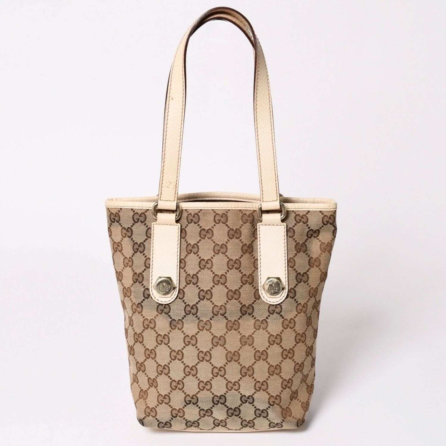 極美品 GUCCI グッチ GGキャンバス トートバッグ ショルダーバッグ バケツ型 レザー アイボリー ベージュ 153361 中古 4a002913