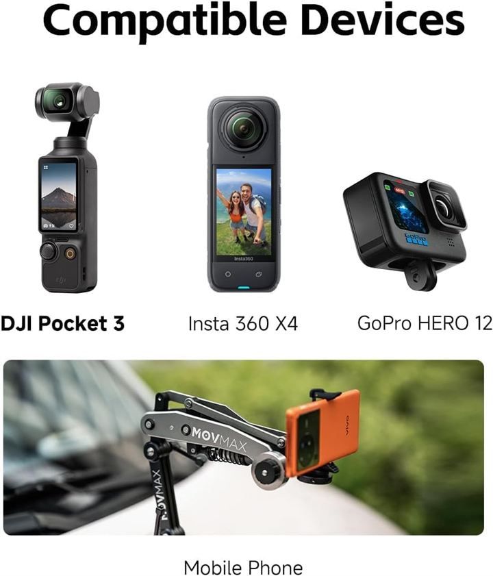 Vaxis Global Movmax ブレードアーム 日本語取扱い説明書付 DJI Pocket 3 Insta 360 GoPro HERO 12カメラ用 (グレー, Car Suction Mount)