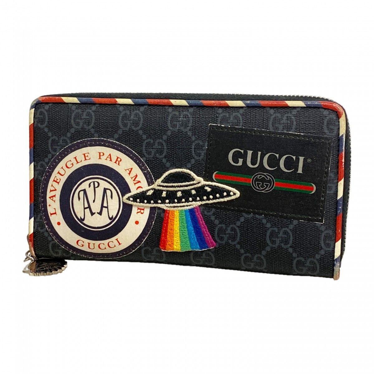 【6ed4577】グッチ 長財布 GGスプリーム 496342 PVC ブラック シルバー金具【中古】レディース