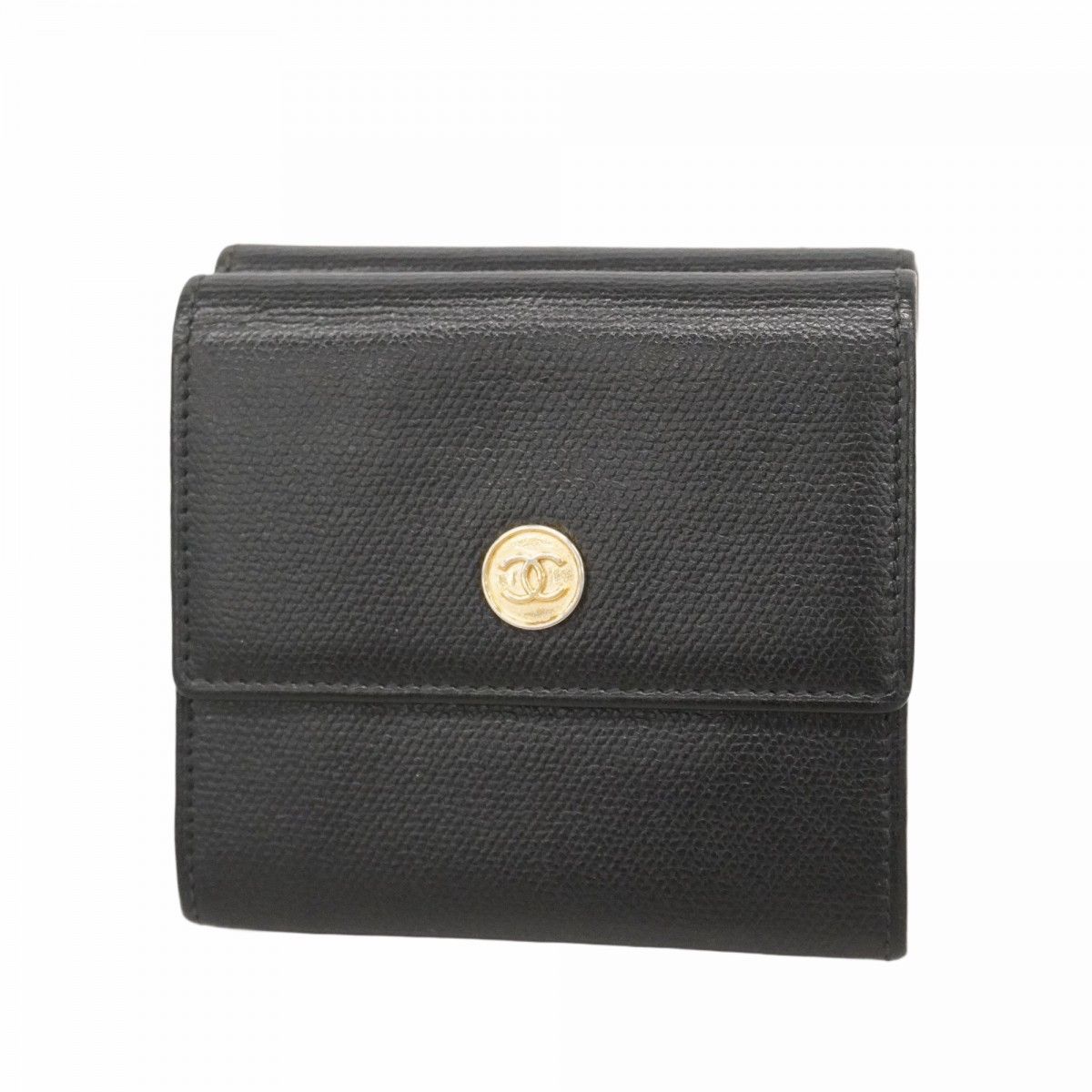 【6ed4777】シャネル 三つ折り財布 ココボタン レザー ブラック シャンパンゴールド金具【中古】レディース