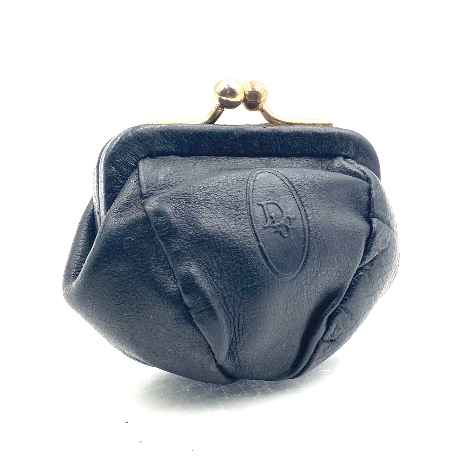 ■良品■Christian Dior クリスチャンディオール　ロゴ型押し　がま口コインケース　小銭入れ　ミニ財布　レザー　本革　ブラック　ゴールド金具　スペイン製　ラグジュアリー　高級　ハイブランド