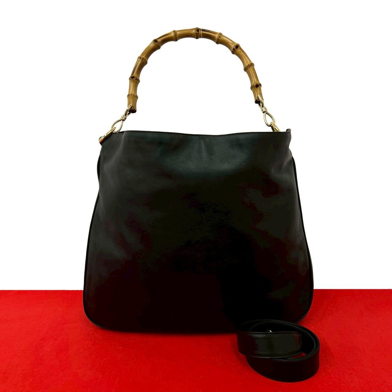 極 美品 GUCCI グッチ オールドグッチ バンブー 2way レザー 本革 ショルダーバッグ ハンドバッグ トートバッグ ブラック 黒 68481