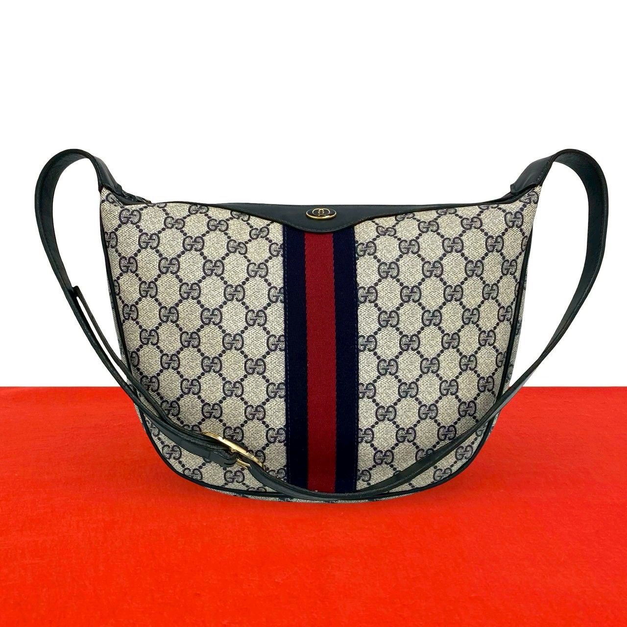 極 美品 GUCCI グッチ オールドグッチ シェリーライン GG ロゴ 柄 レザー 本革 セミ ワンショルダーバッグ ハンドバッグ ネイビー 366-2