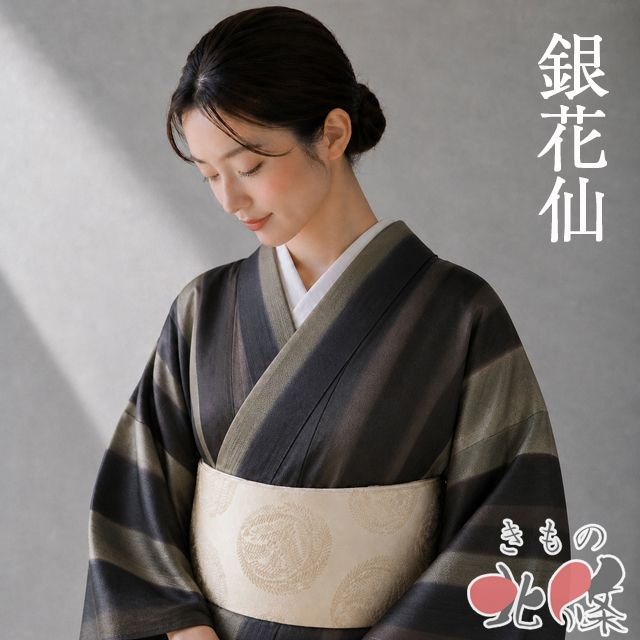 特選 小紋 着物 中古 正絹 袷 カジュアル 銀花仙 縦段模様 焦茶色 肥後煤竹色 黒鳶色 身丈155.5cm 裄63cm SA きもの北條 A1367-9