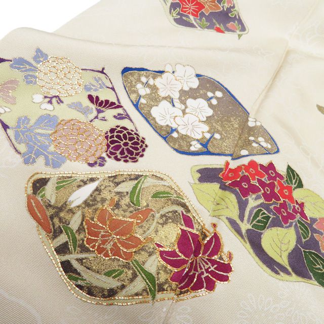 特選 訪問着 着物 中古 正絹 袷 フォーマル 金駒刺繍 花の図 菱紋 麹色
