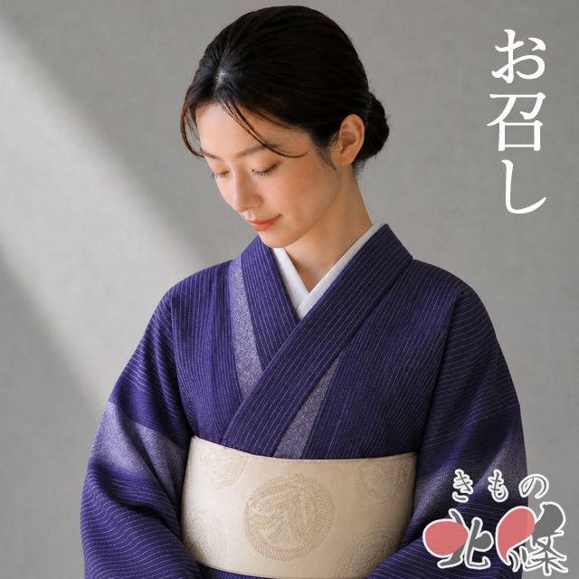 お召し 御召 着物 中古 正絹 袷 縦縞模様 地模様 文字 福叶 深紫色 身丈165cm 裄68.5cm L トール きもの北條 A1367-7