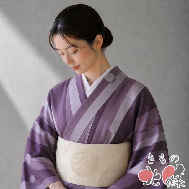 小紋 着物 中古 正絹 袷 カジュアル 縦段模様 丸文 紫系色 多色 身丈164.5cm 裄68cm L きもの北條 A1367-6