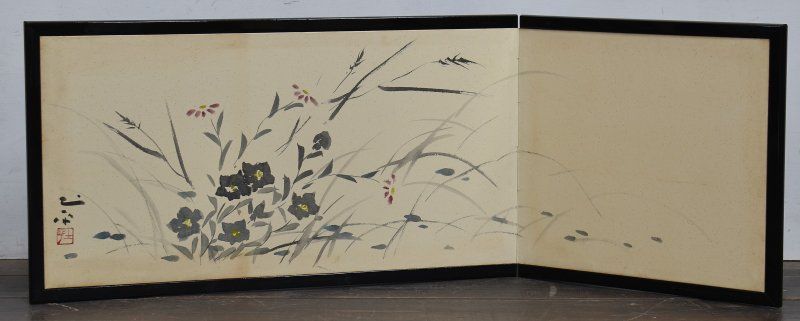 【蔵A5008】坪島土平 風炉先屏風 花図 茶道具