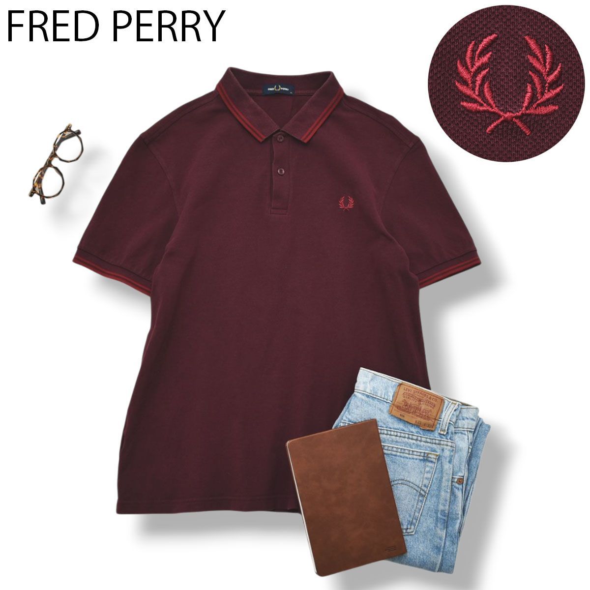 【月桂樹ロゴ 】 フレッドペリー FRED PERRY 半袖 M3600 ポロシャツ 鹿の子 ツインティップライン XL ワインレッド 赤 トラッド ビジカジ カジュアル スポーツミックス メンズ